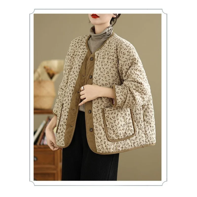 Retro Coat for Women with Floral Thin and Warm Cotton Coat Loose Fat Mm Contrast Jacket for Women - Image 3