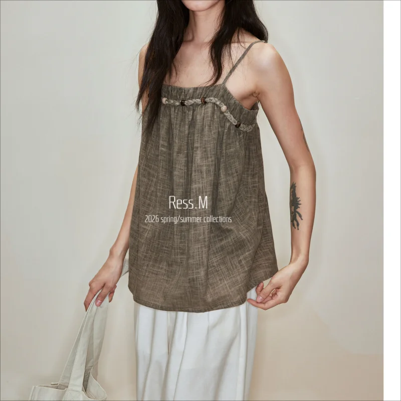 French Cotton-linen Blended Holiday Style Suspender Top Women Spring New Fashion Khaki Gray Sweet Summer Lady Tanks