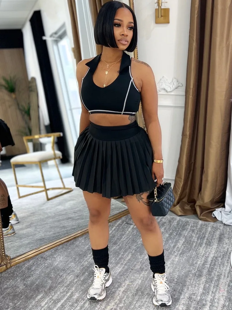 

Women Fashion 2 Piece Set Turn Down Collar Sleeveless Tanks Crop Tops + Mini Pleated Skirts Casual Streetwear Sporty Suits