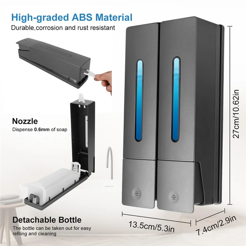 BAAG-เครื่องจ่ายสบู่ติดผนัง,เครื่องจ่ายสบู่ติดผนัง 2 X 400 มล.,ไม่มีการเจาะ,สําหรับห้องครัวและห้องน้ํา