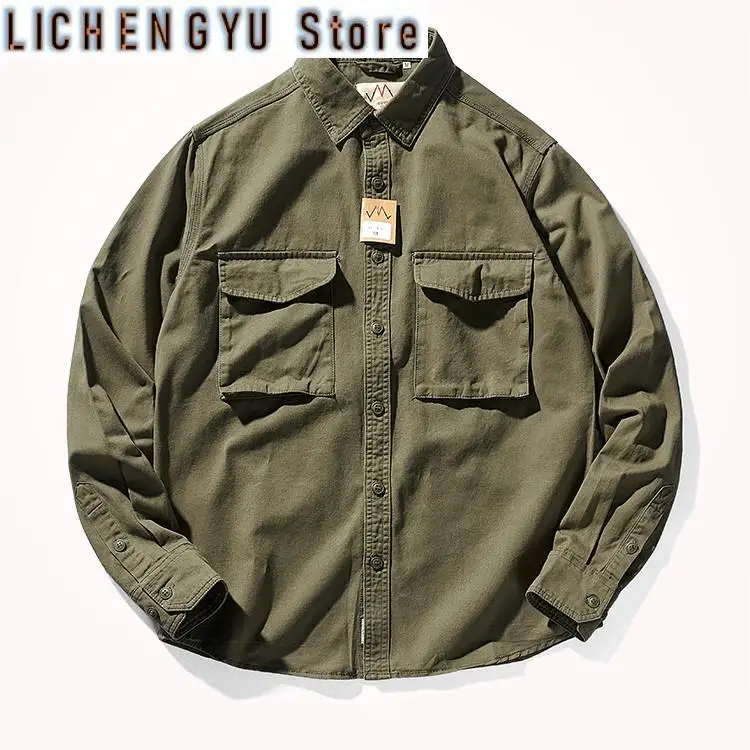 

Осенняя новая американская тканая рубашка в стиле ретро, мужская модная повседневная блузка из чистого хлопка с длинными рукавами и двойным карманом, пальто