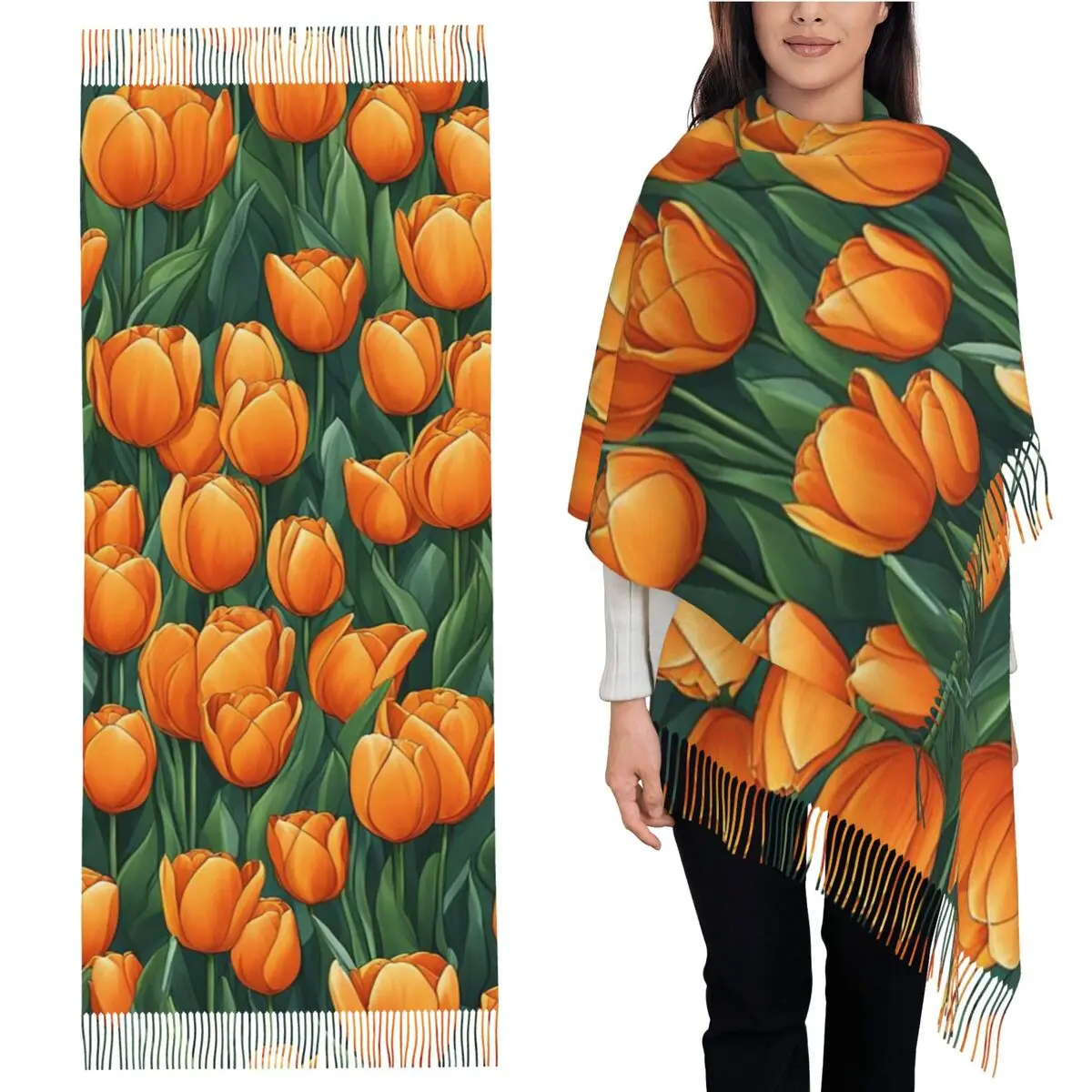 Tulip Design Pattern Scarf Tassel Scarves for Women Soft Warm Shawls and Wraps Long Fall Winter Shawl Wrap