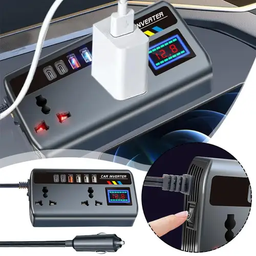 Imagen 2 del producto Convertidor inversor de coche, salida de 12V/24V a 220V, puertos de carga rápida, transformador portátil, cargador de toma de corriente, inversor 3 USB