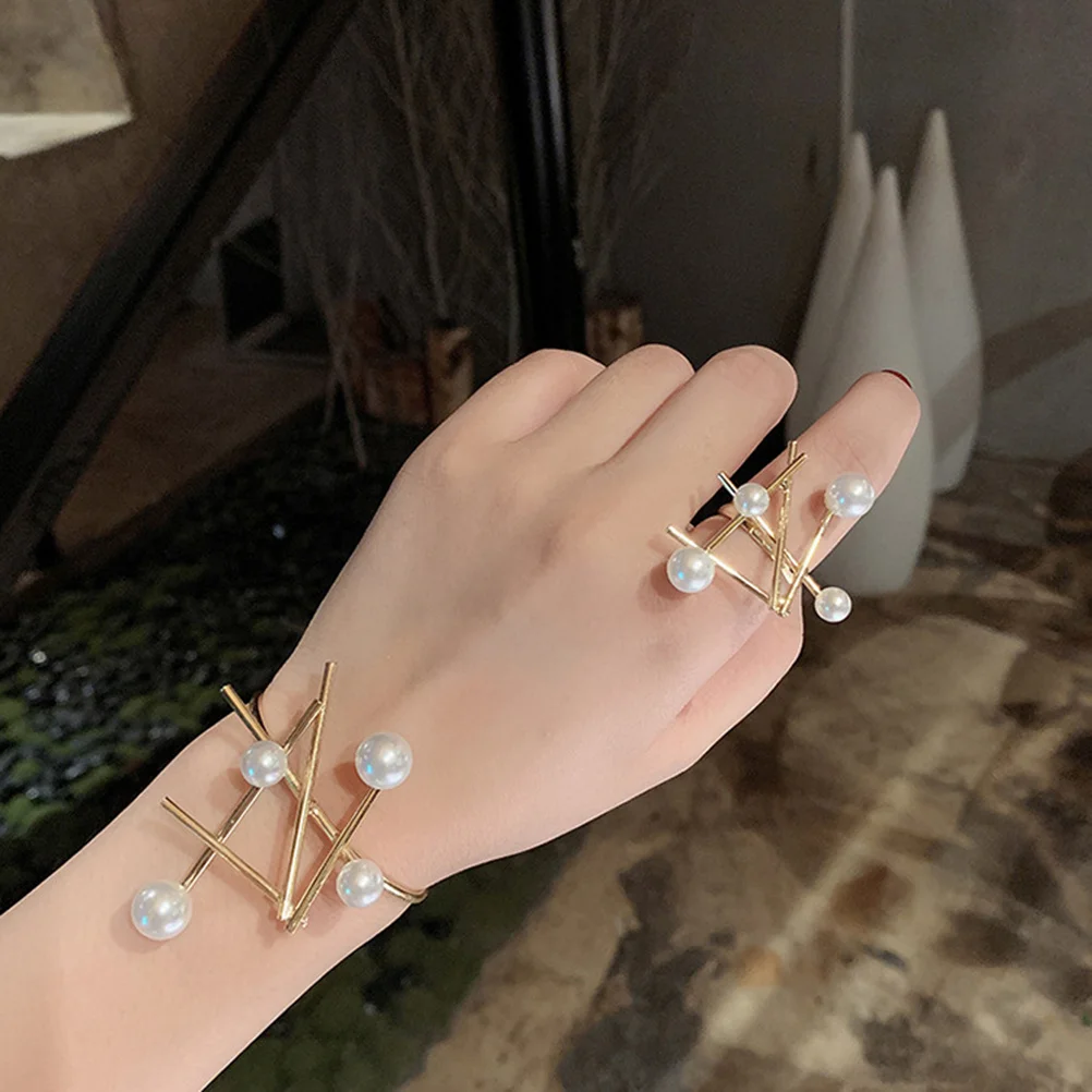 

2pcs Pearl Ring Bracelet Set Irregular Design Opening Mouth For Women Party Daily Use Jewelry Gift Woman Bracelet