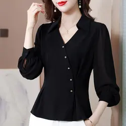 Office Lady Solid Color Waist Folds Blouse Fashion Asymmetrical Button Spring Autumn New Long Sleeve Female Elegant V-Neck Shirt