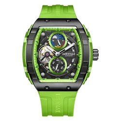 Mark Fairwhale Men Automatic Watch Luxury Tonneau Mechanical Wristwatch Skeleton Waterproof Luminous Multi-Dial Silicone Strap