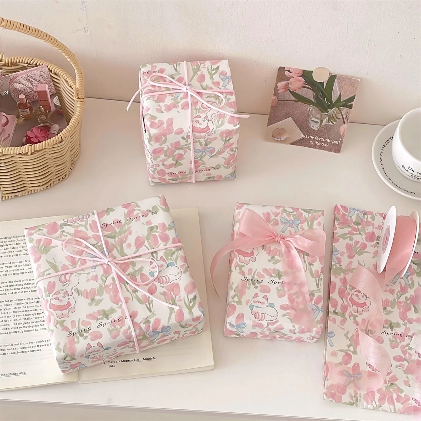 6 أوراق من ورق تغليف توليب الزهور الربيعية، ورق هدايا وردي لطيف لديكور أعياد الميلاد، أوراق تعبئة الهدايا، حشو صندوق الهدايا #1