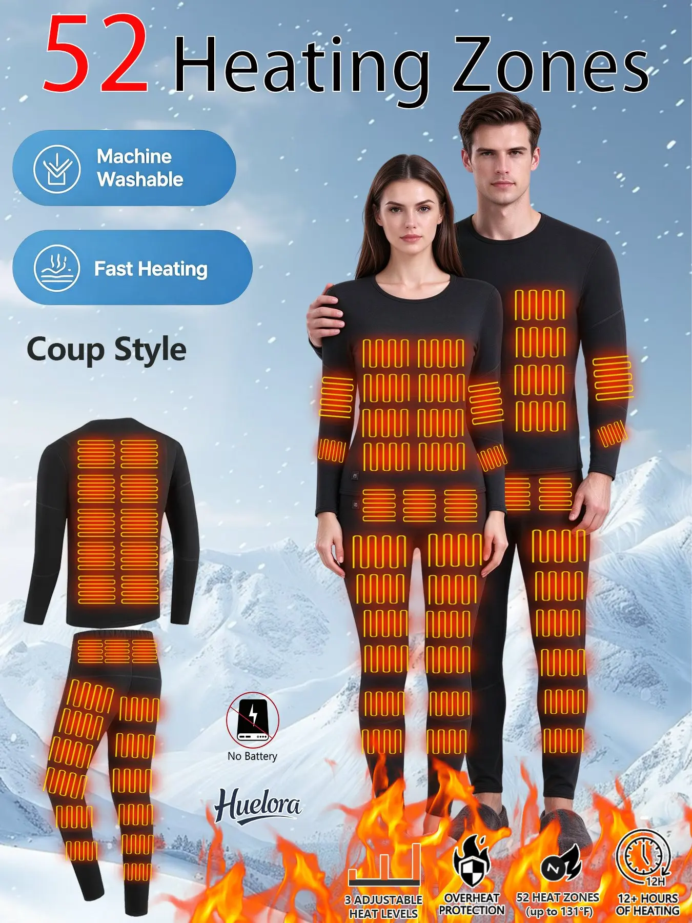 Huelora Black Heated Thermal Underwear Set for Men Women 52 Heating Zones Electric Heated Long Johns 3 Adjustable Temp Winter