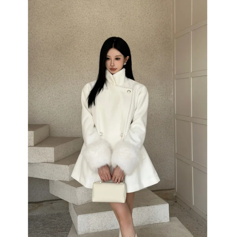 [oein]Snow White Gold Wind Women's Autumn And Winter High-end Feeling Medium Long Woolen Coat