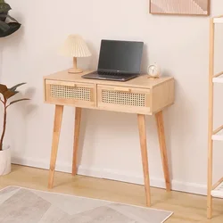 Tocador nórdico de madera maciza para dormitorio, mueble de joyería de ratán, escritorio de ordenador multifuncional, diseño de doble dibujo, mesa de maquillaje