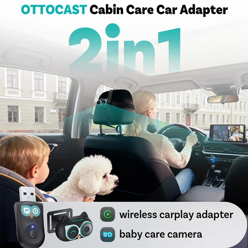 

OTTOCAST Cabin Care Wireless CarPlay Adapter 1080P HD Baby Car Camera 150° Wide-angle Night Vision split-screen Backseat Monitor