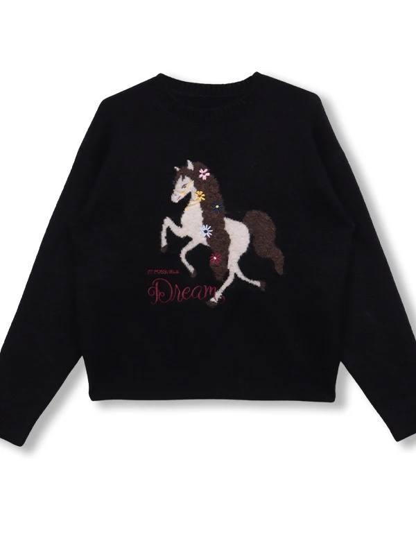 Macio sle cor blo bordado redondo ne camisola de malha feminina solta oulder gota longa sve outono inverno nova chegada