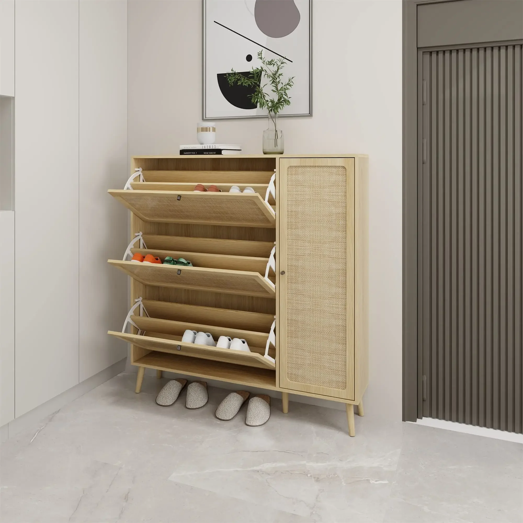 

-Wholesale Farmhouse Design Hot Sale Wooden Natural Rattan Shoe Cabinet with 3 Flap Drawers and Storage Shelf