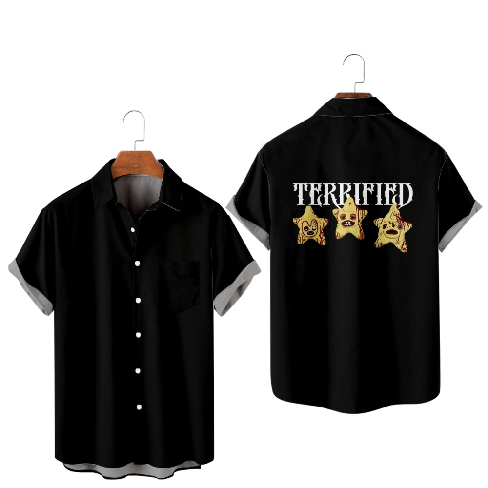 Jazmin Bean Terrified Stars Summer Short Sleeve Shirts V-Neck Turn-down Collar Casual Beach Style Button Shirt