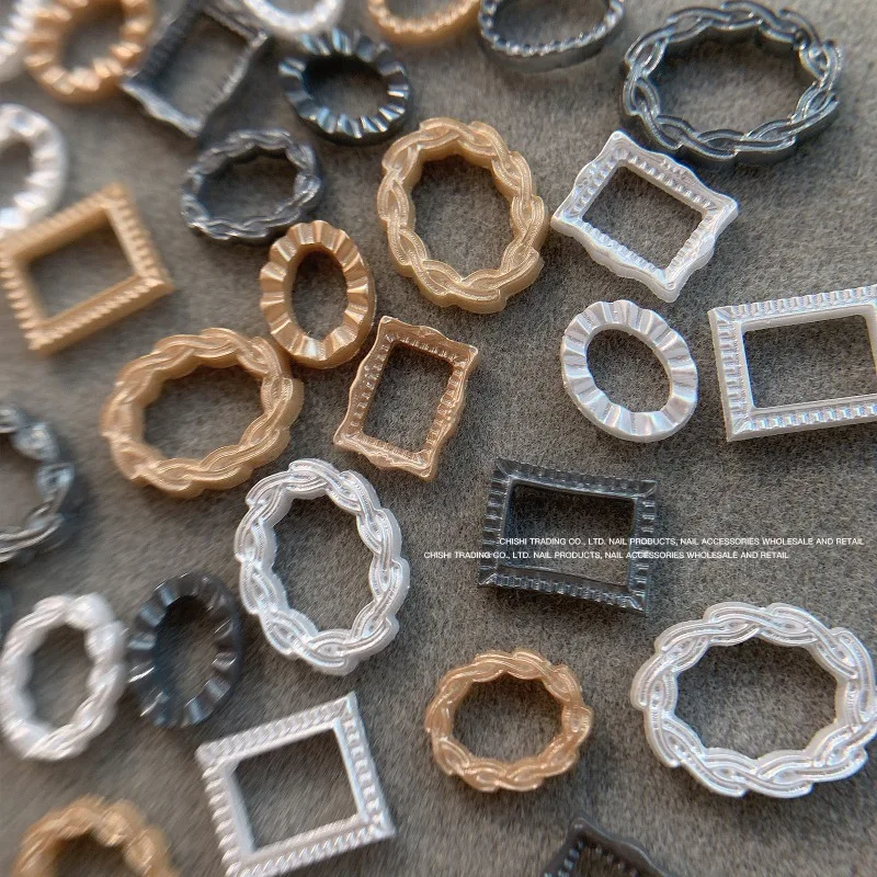 50Pcs Resin Hollow Frames Nail Art Accessories 3 Colors Nail Art Charms 2 Shapes Retro Manicure Nail Decorations 3D Decals