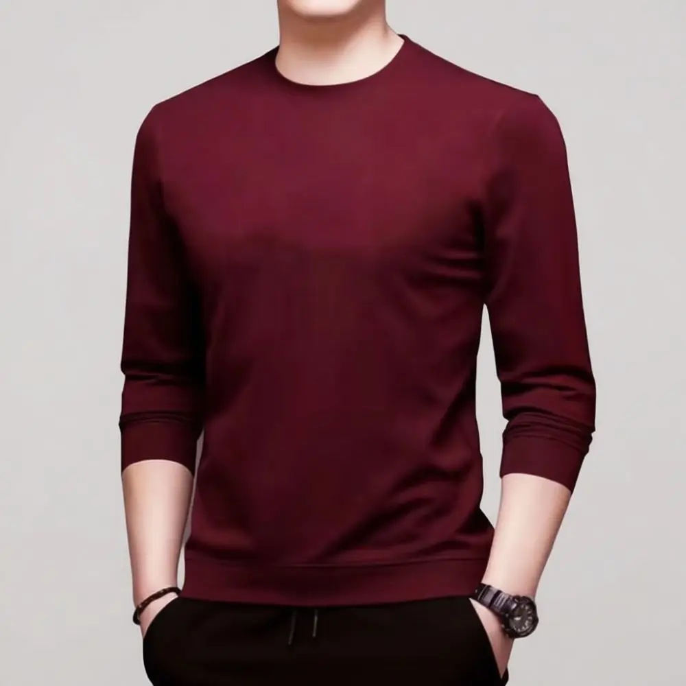 Soft Mens Long Sleeve Tee Shirt Breathable Basic Pullover Undershirt Casual Spring Autumn Solid Color Loose Male Apparel