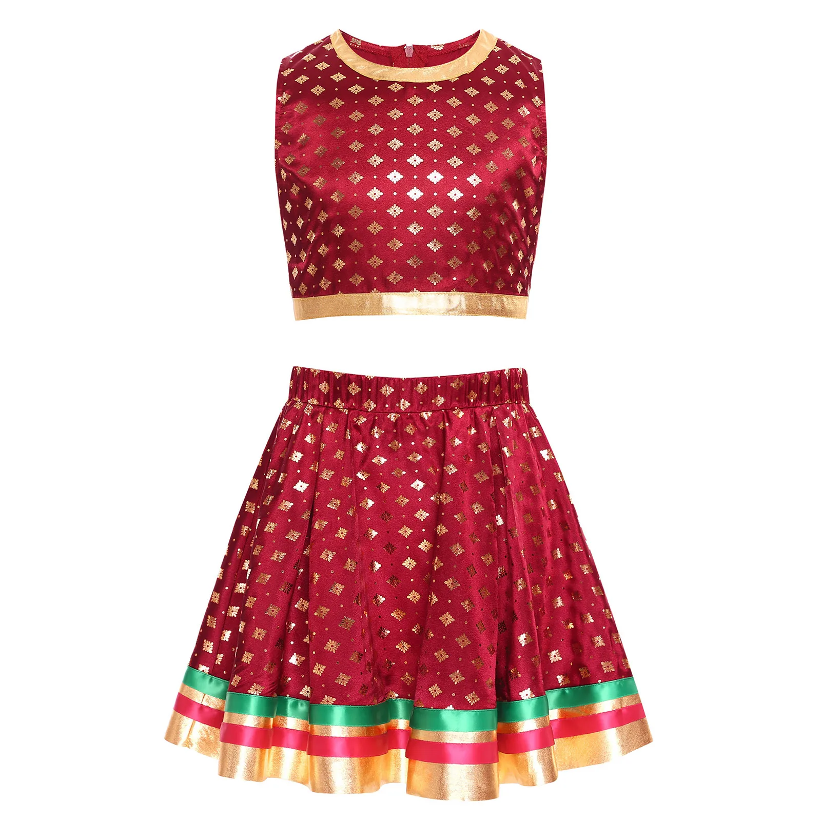 Strój taneczny dla dziewczynek, indyjski lehenga choli, satynowy brokat ze złotymi motywami, krótki top i spódnica, kostium taneczny.