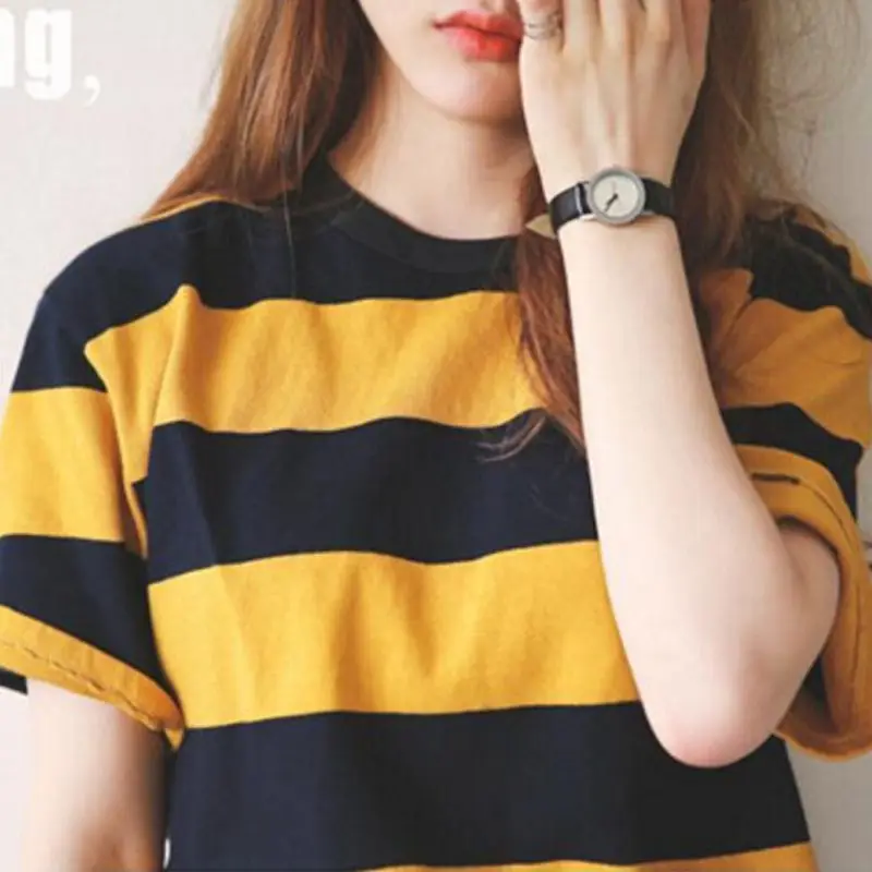 Women\'s Round Neck Yellow and Black Striped Short Sleeve t-shirt Summer Loose Sports T-shirt Tops