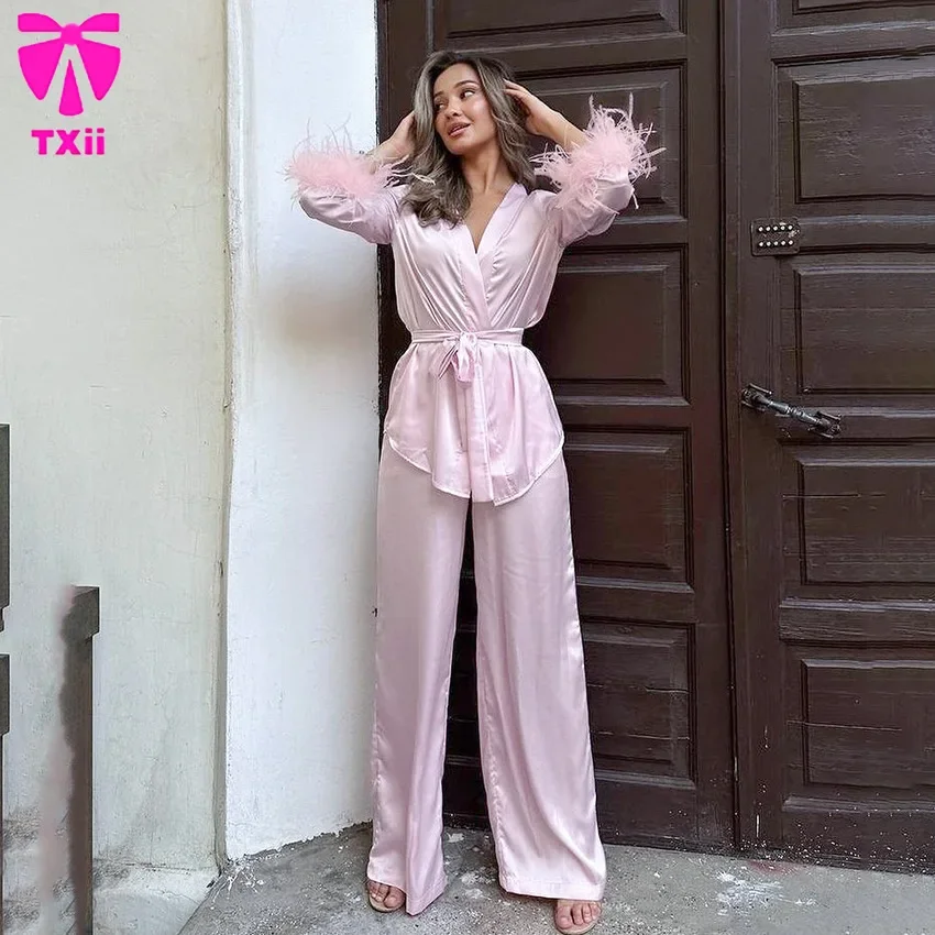 TXii 2024 Autumn pink imitation silk cardigan with lace up feathers women's home clothes long sleeved pants pajama set