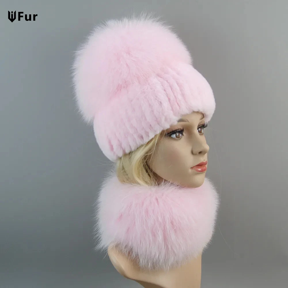 2024 Hot Sale Winter Soft Warm Women Real Rex Rabbit Fur Scarf Hat Warm Real Fox Fur Cap Ring Shawl Natural Fox Fur Scarves Hats