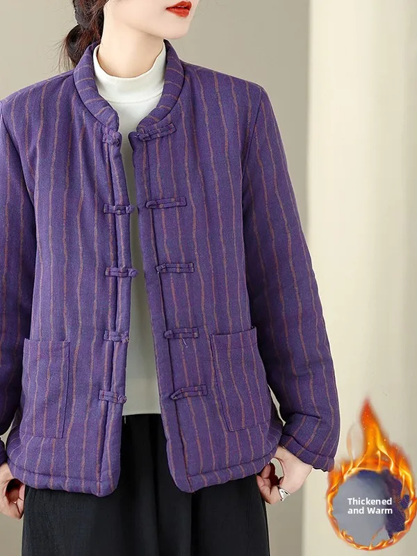 

Thiened Cotton Jaet Women's Retro Sle Long Sve Stand Collar Pure Color Winter Coat with Wind Stripe Old Cloth Design