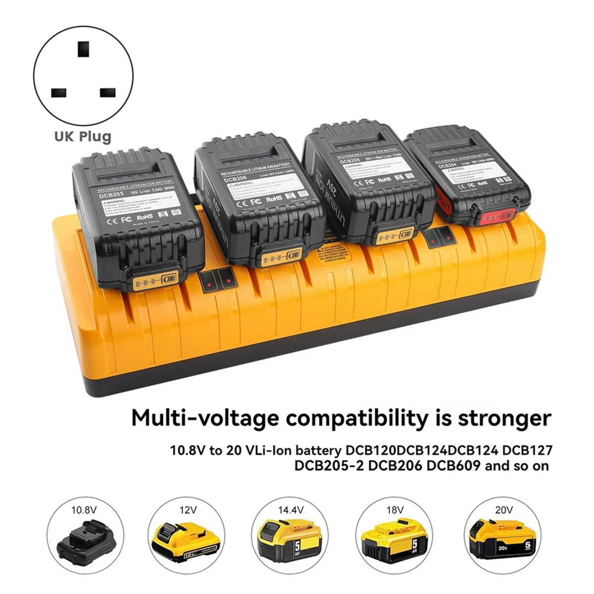 Portable 4-Slot Charger DCB104 Replacement Charger for 20V Compatible with Multiple Batteries UK Plug