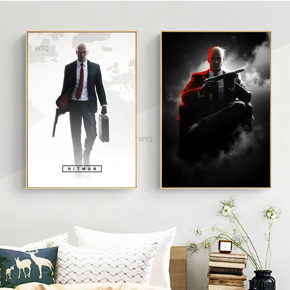 Hitman Game Black White Poster And Prints Bareheaded Killer In Suit Canvas Art Wall Painting For Living Room Decor Pictures