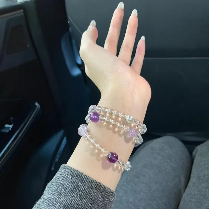 Natural white crystal bracelet, high-transparency multi-circle crystal bracelet with amethyst pearl light luxury bracelet,