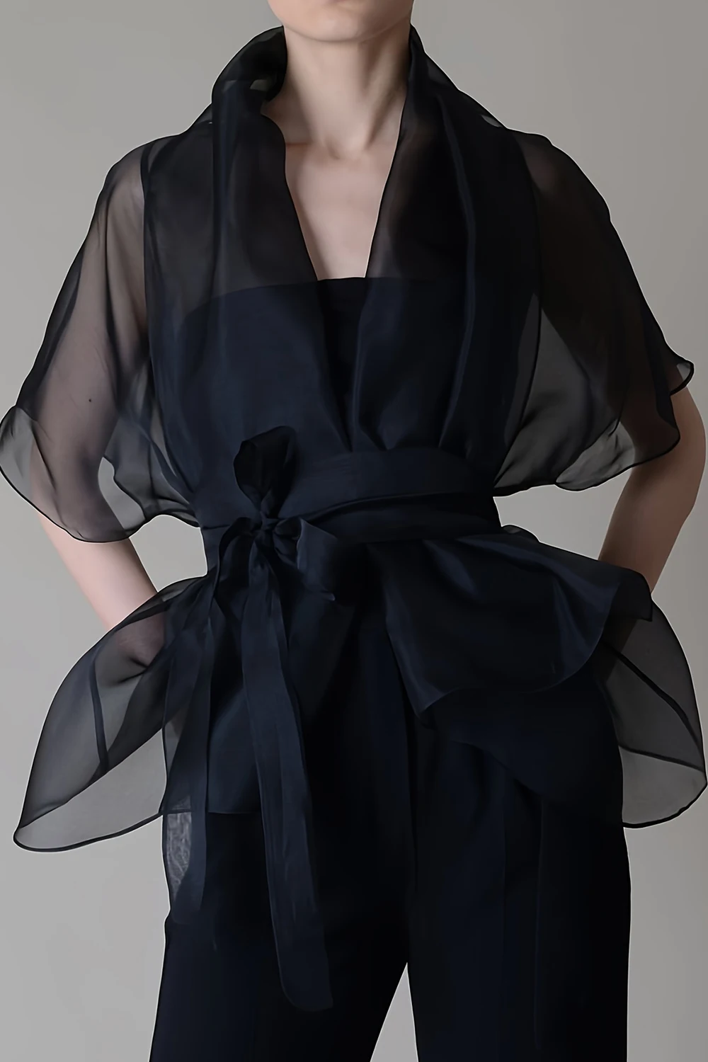 Organzowa bluzka z siateczki dla kobiet, stójka, sznurowana, prześwitująca, dekolt w serek, amerykański styl retro, elegancka bluzka z rękawami do połowy, plus size.