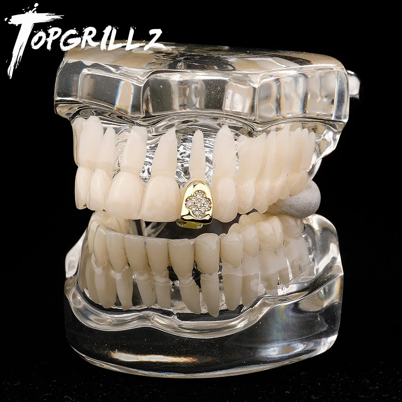 TOPGRILLZ زهرة واحدة الأسنان Grillz للجنسين مثلج خارج تشيكوسلوفاكيا الأحجار سحر أربع أوراق البرسيم الشوايات الأسنان الفم فاسق الأسنان مجوهرات