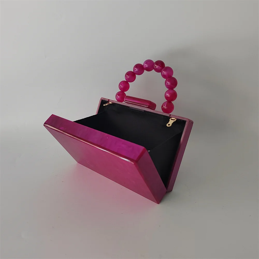 Hot Fuchsia Marble Acrylic PVC Box  Clutch Bags Women Luxury Designer Purses And Handbags Wedding Party Beaded Handle Flap Bags