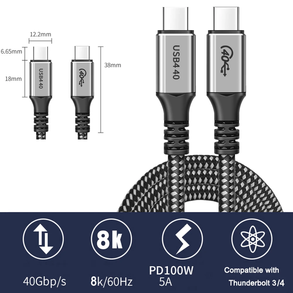 USB 4 cable Thunderbolt 4/3 cable 100W Fast PD Cable E-mark 40Gbps 8K/60Hz for Macbook Pro USB Type C Charger Data Cable