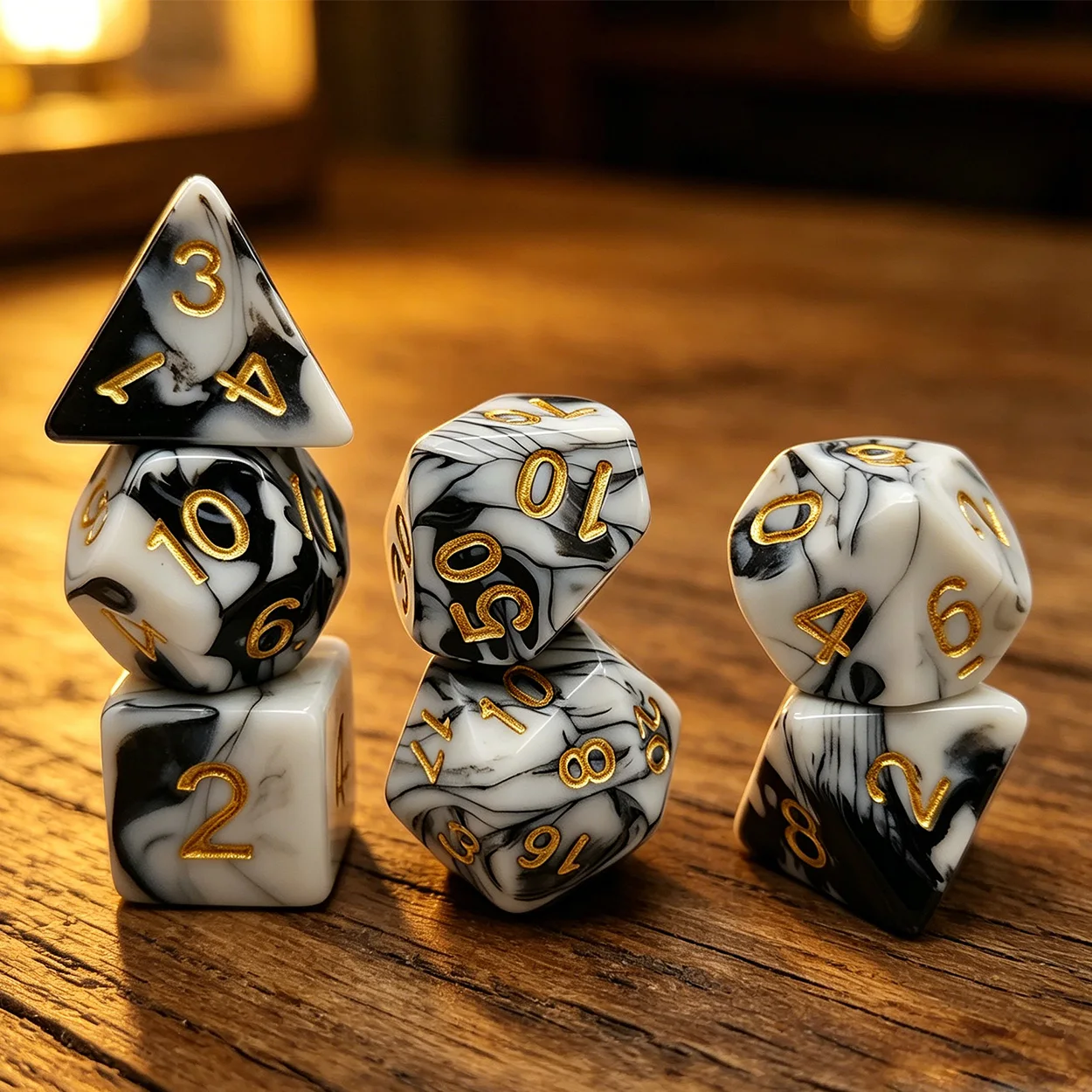 

7Pcs Marble Swirl Polyhedral Dice Set with Gold Numbering for DND RPG Tabletop Board Games