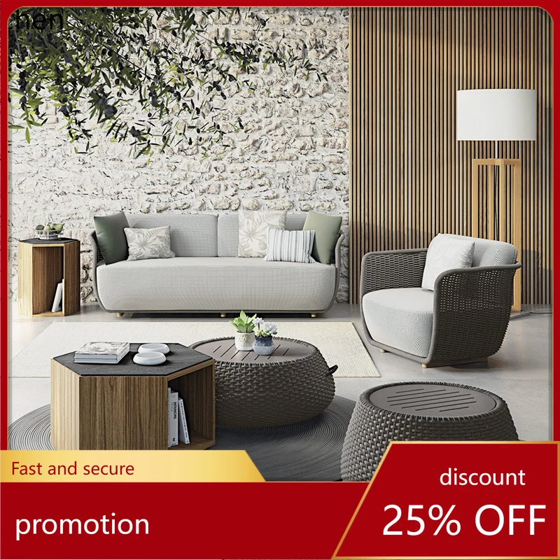 

HT outdoor garden sofa leisure rattan teak small coffee table courtyard