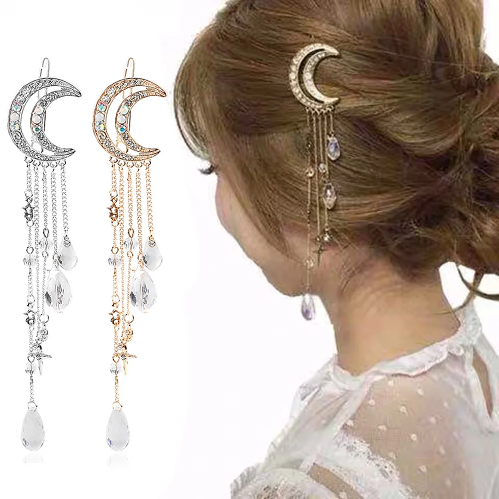 

2 Pcs Crystal Pendant Hair Clip Vintage Locket Rhinestone Hairpin Tassel Headdress Zinc Alloy Miss Clips