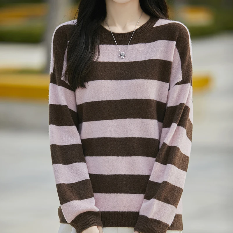 100% Merino Wool Knitted Sweater Women's 2024 Autumn/Winter Fashion O-Neck Stripe Tops Soft Warm Loose Pullover Female Clothes