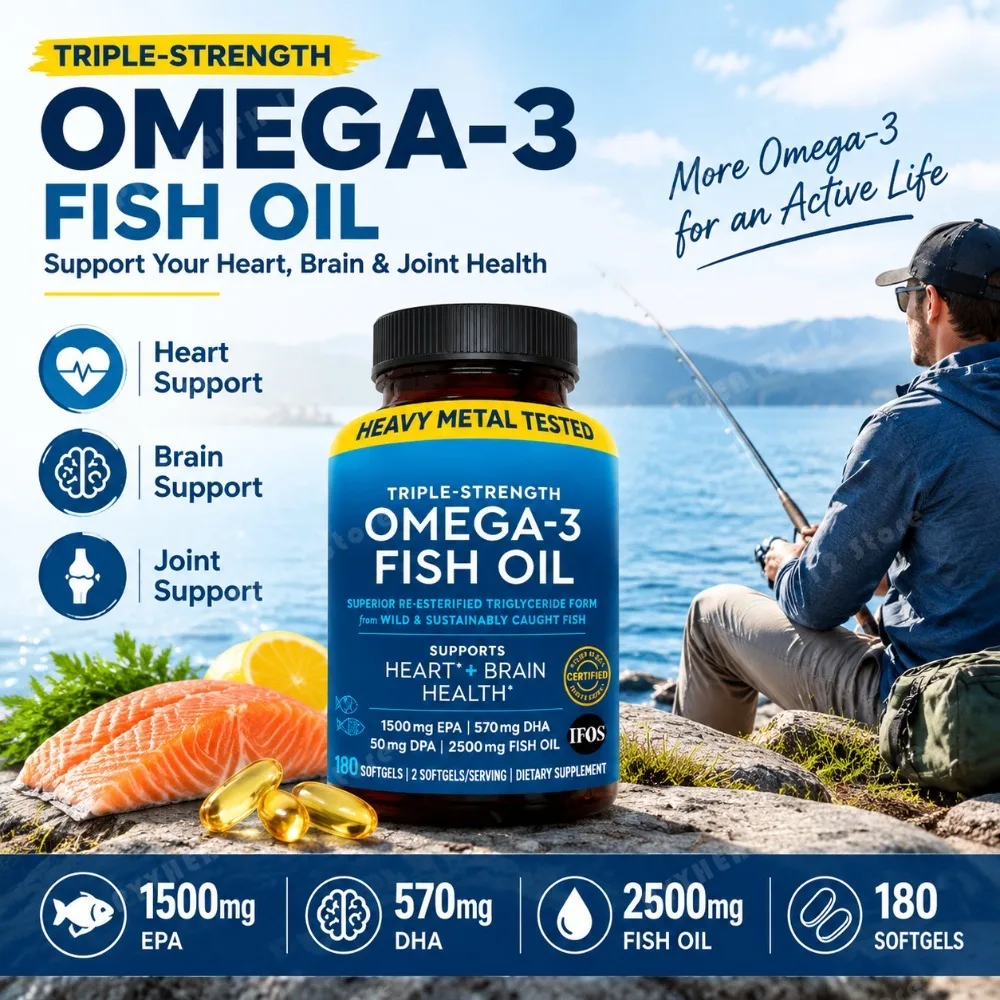 High Potency Omega-3 Fish Oil Softgels 2500mg with EPA 1500mg DHA 570mg rTG Formula for Heart Brain Eye Support 180 Count - view 3
