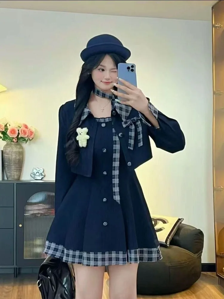 

Korean Style School Uniform Plaid Jacket Dress Set Women's Autumn Winter High Waist Short Coat Dress plus Size Fashion Ensemble