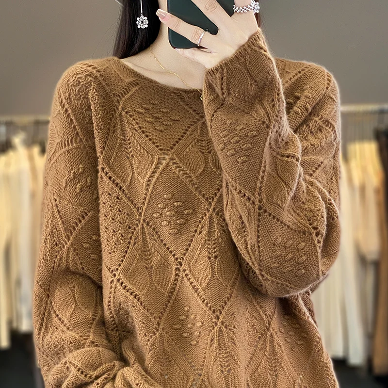 100% pure wool cashmere sweater women\'s O-neck pullover fashion Korean knitted hollow luxury pullover