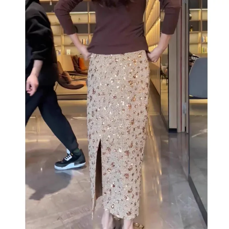 

Shiny Sequin Chiffon Midi Skirt 2025 Spring New Style Women's Fashion Straight A- Line Mini Midi Skirt Commute Elegant Style