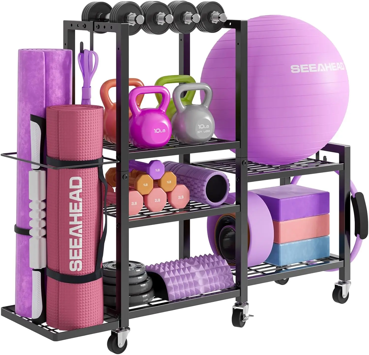 

6-Tier Adjustable Gym Storage Rack with Wheels for Dumbbells, Yoga Mats, and Fitness Equipment