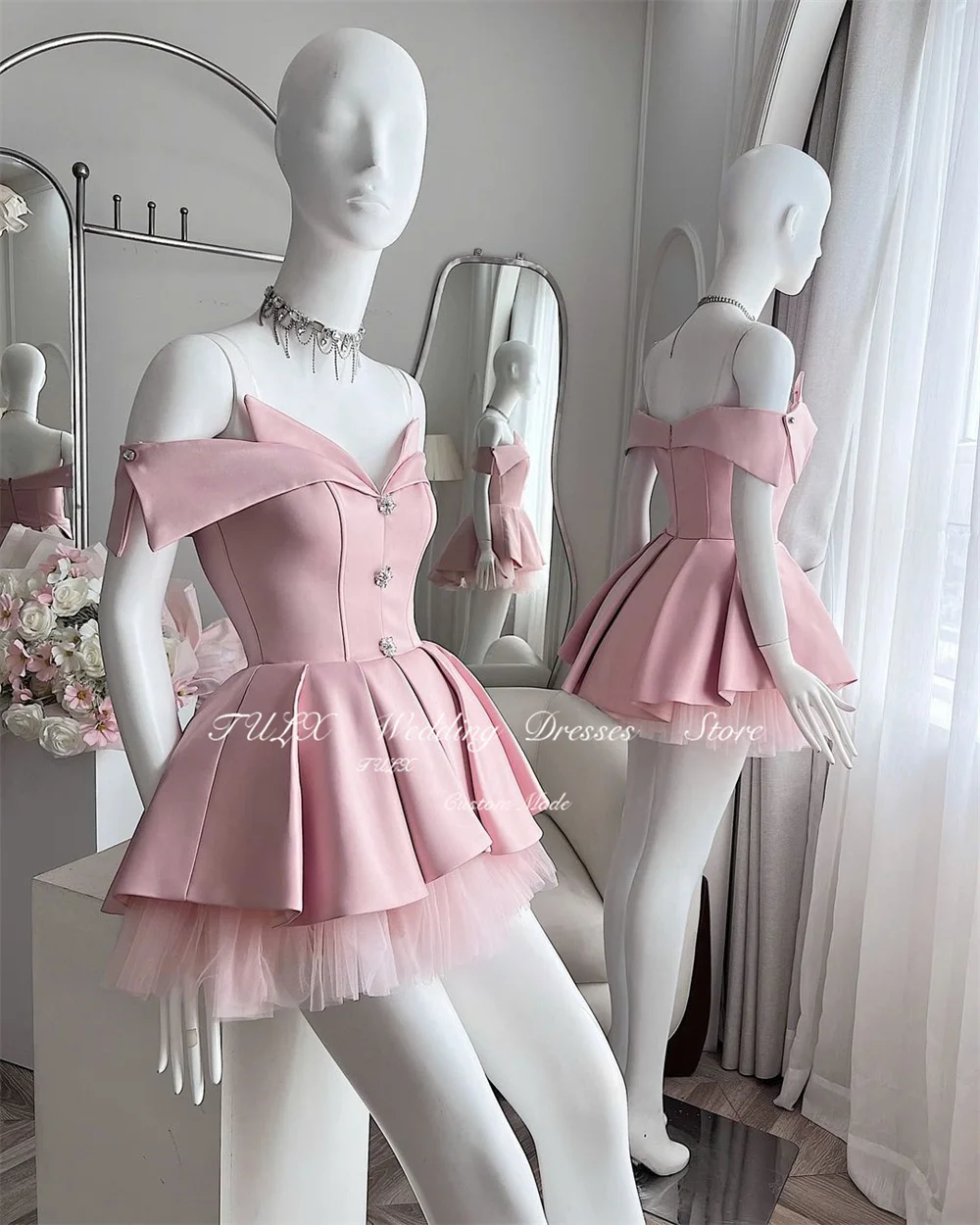 TULX Abito da ballo corto rosa corto con scollo a V sexy Mini una linea sopra il ginocchio con spalle scoperte Abiti da festa adorabili Abiti da ritorno a casa personalizzati