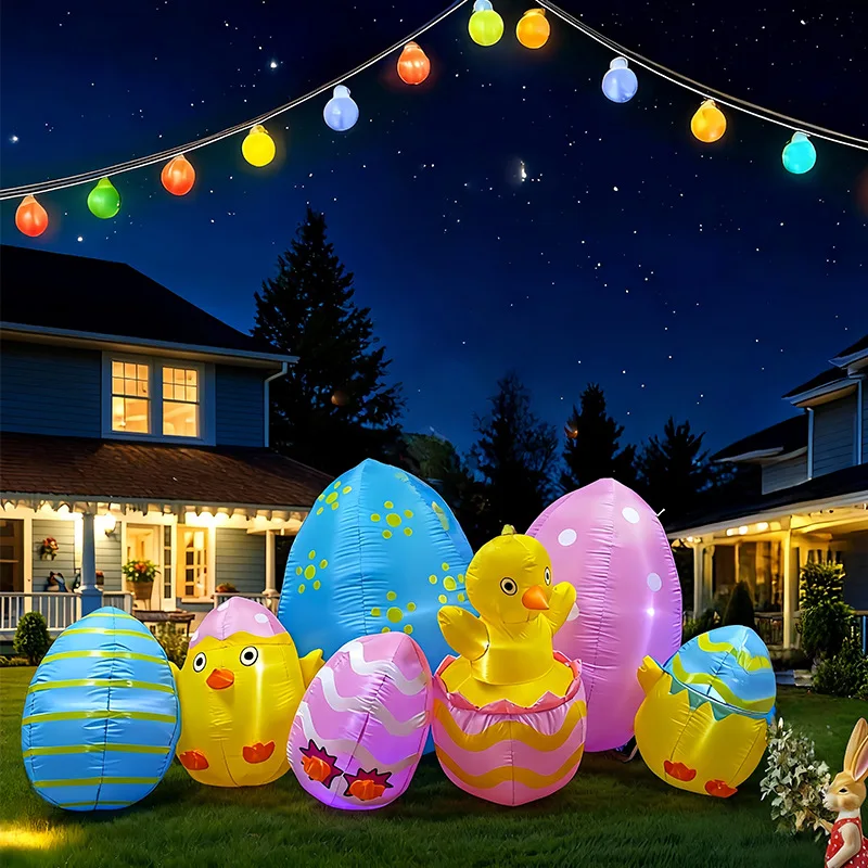 8 Ft LED Light Up Inflatable Easter Eggs Decoration for Indoor Outdoor Home Yard Lawn Decor Chicks Happy Easter Party Toys