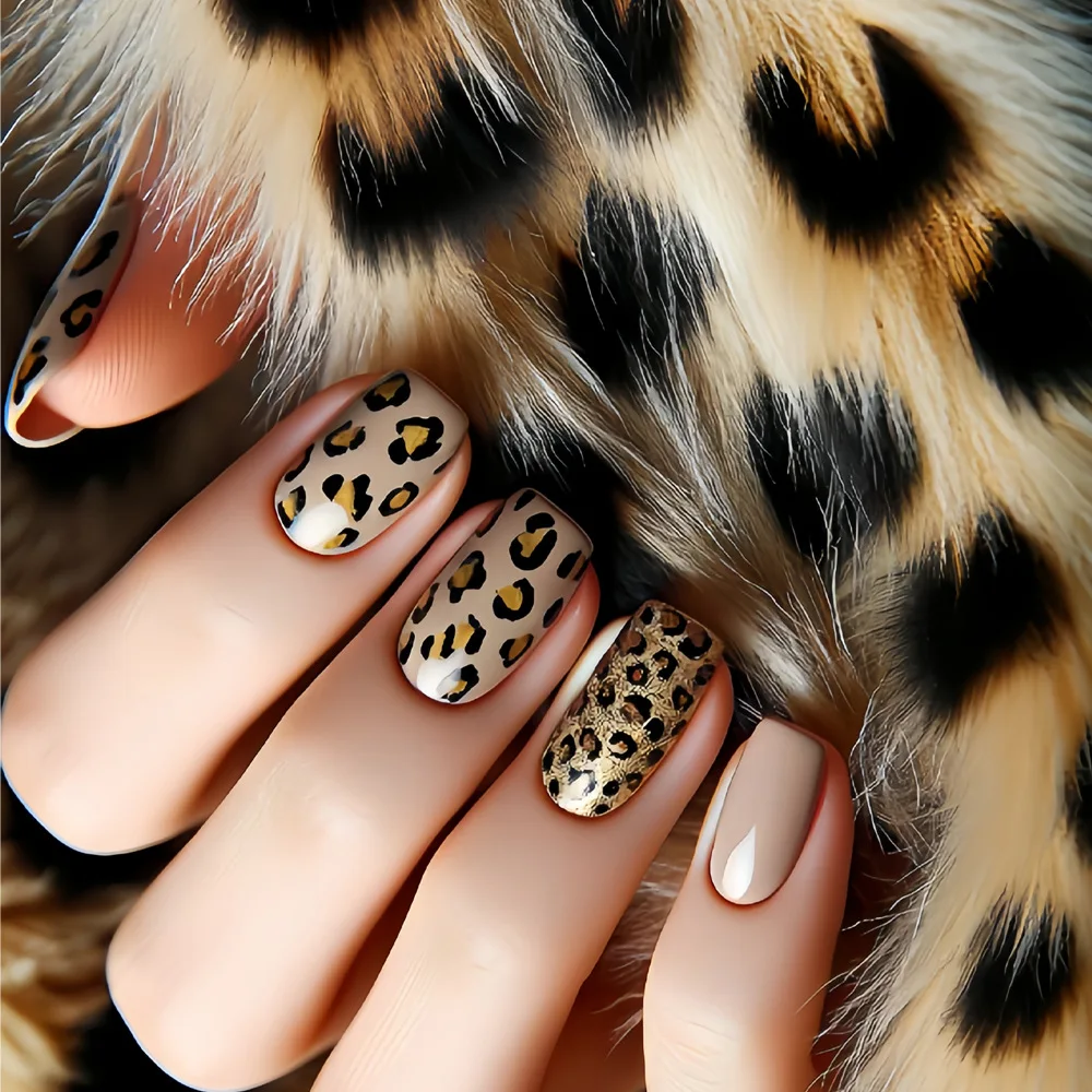 Mittellange künstliche Nägel für Frauen und Mädchen, Farbverlauf, Orange, Rosa, Blau, Braun, Leopardenmuster, französische Y2K-Spitzen zum Aufdrücken der falschen Nagelkunst