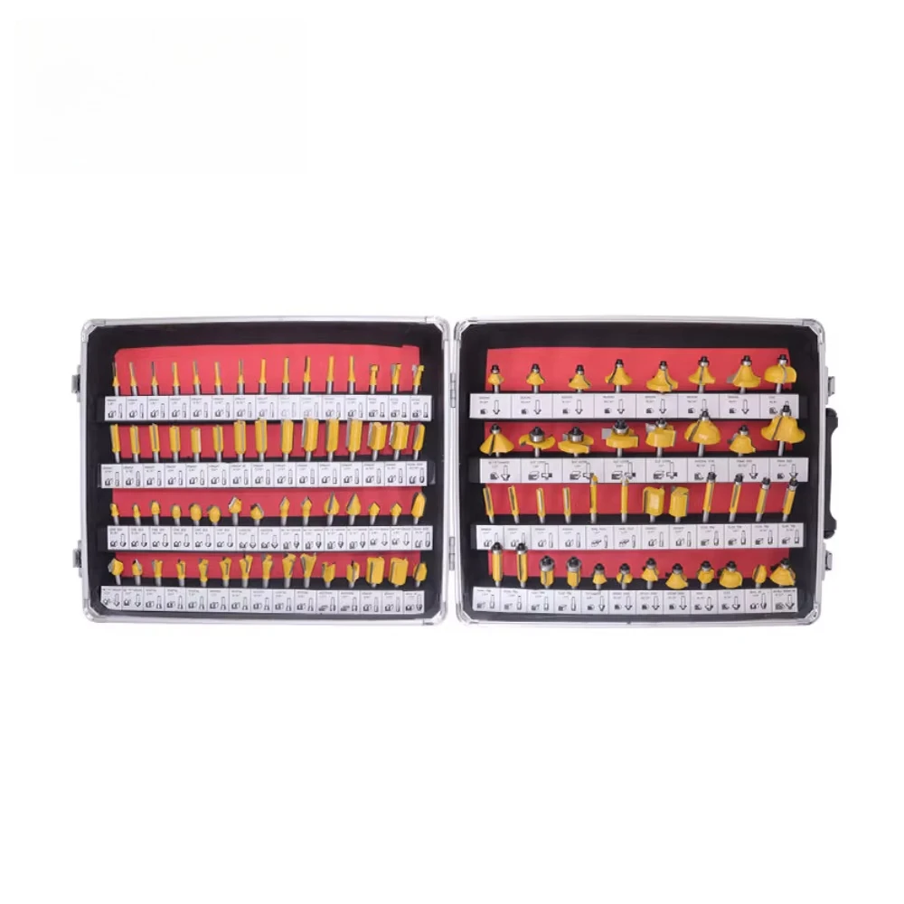 

100Pcs 1/4 Inch Shank TCT Router Bits Set - Tungsten Carbide Tipped Woodworking Trimmer Milling Cutter Tools in Aluminum Case
