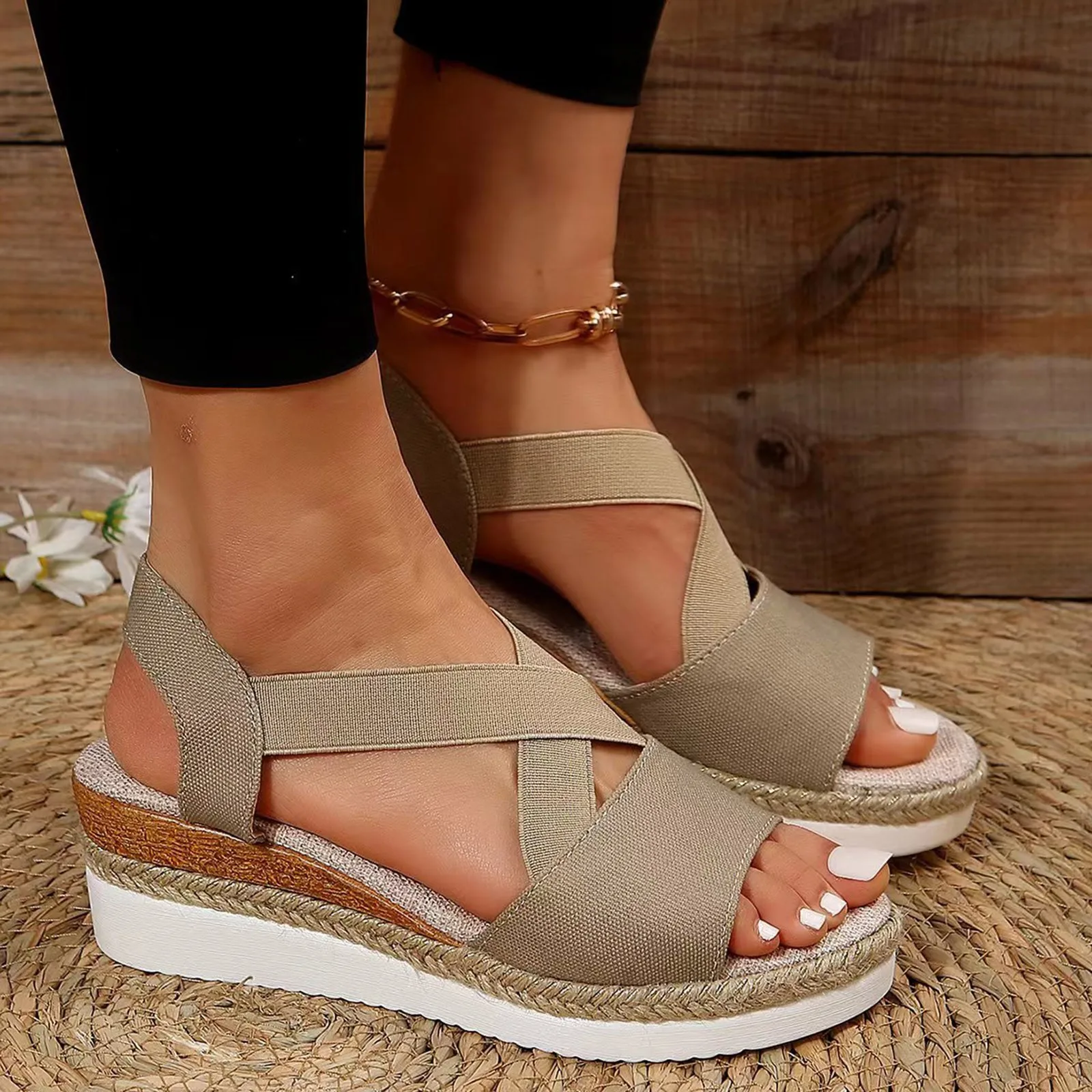 Fashion Large Size Women's Sandals Summer New Cross Elastic Band Design Flat Bottom Slope Heel Fish Mouth Casual Women's Sandals