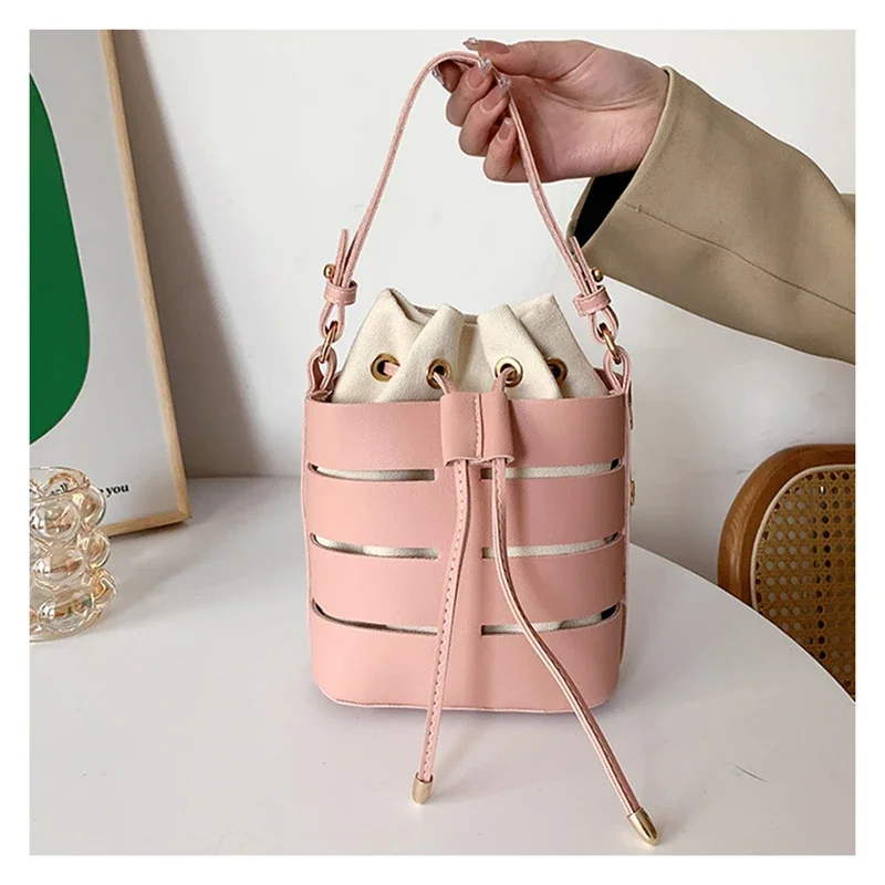 شخصية جوفاء خارج حقيبة يد بولي PU النسخة الكورية 2025 الربط الكتف Crossbody دلو حقيبة الصيف الرباط حقيبة شاطئية #1