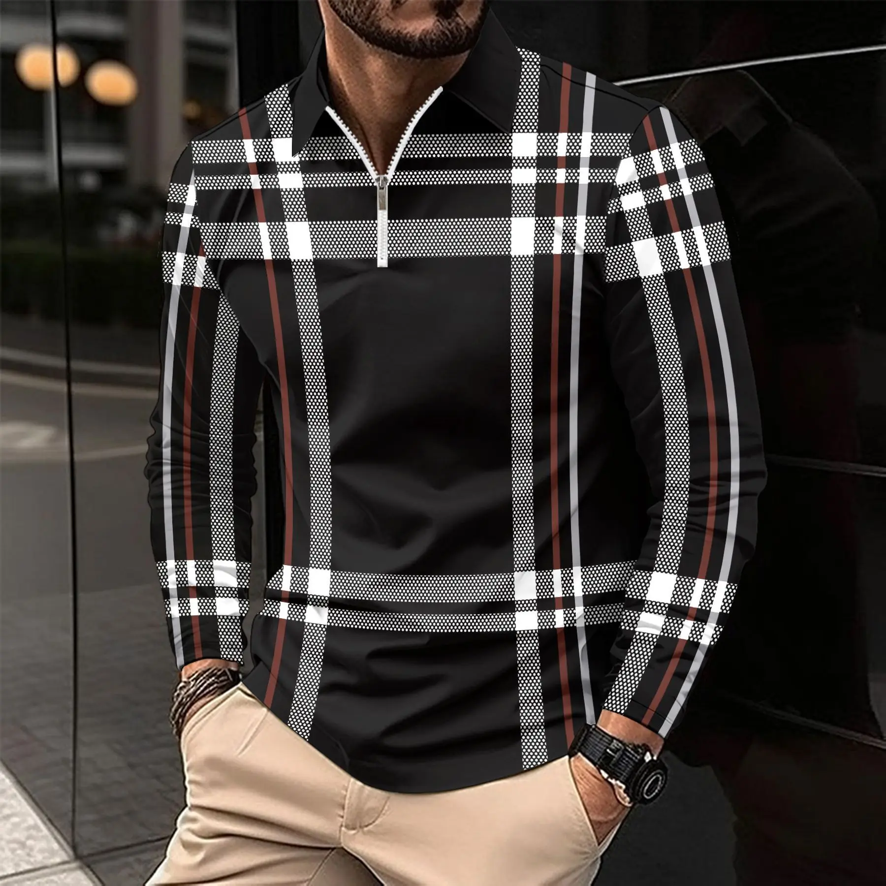 طويلة الأكمام مخطط منقوشة الرجال سحابات Polos تي شيرت ربيع الخريف ثلاثية الأبعاد مطبوعة الشارع الذكور بولو المحملة 6XL حجم كبير بلايز عادية