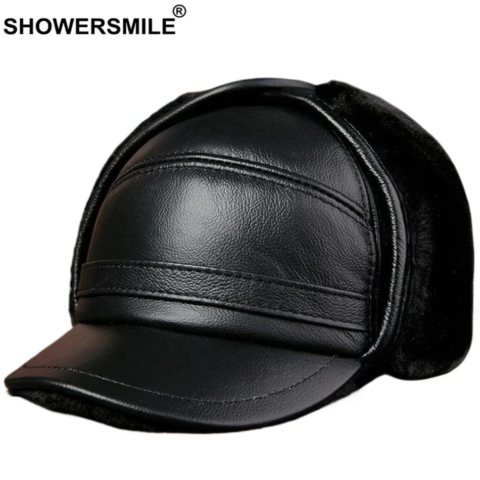 SHOWERSMILE Zwarte Winter Baseball Caps voor Mannen Echt Leer Warme Bomberhoed met Oorkleppen Bont Echte Koe Lederen Winter Caps