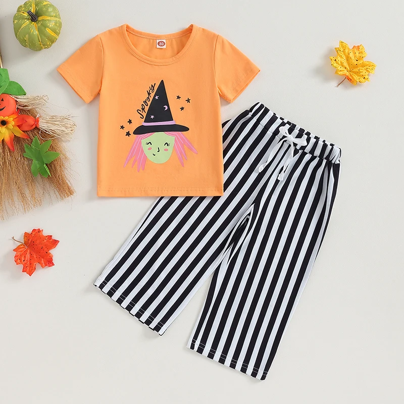 Baby Girl Halloween Costume Pumpkin Print Long Sleeve T-Shirt Polka Dot Pattern Ruffle Skirt Set Toddler Fall Outfit